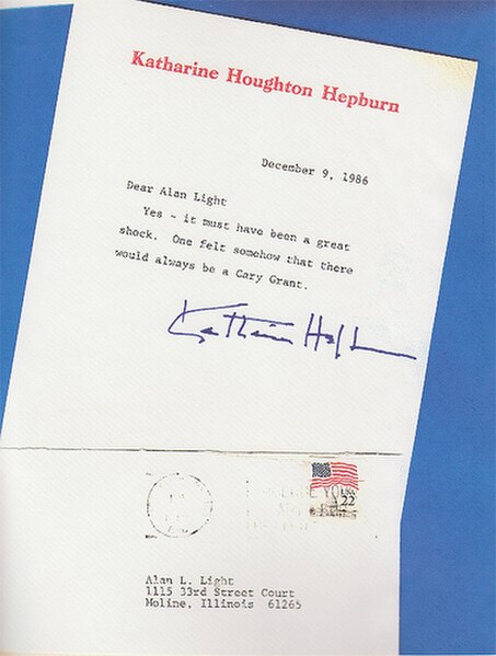 A thank-you letter from Katharine Hepburn to Alan Light thanking him for his condolences in regards of Cary Grant's death