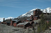 The historic copper mine complex at Kennecott. Tourists visit the many remaining buildings, but many caretakers live in nearby McCarthy. Kennicott8.jpg