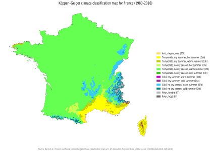 Classification Köppen–Geiger de la France sur la base des données 1980-2016.
