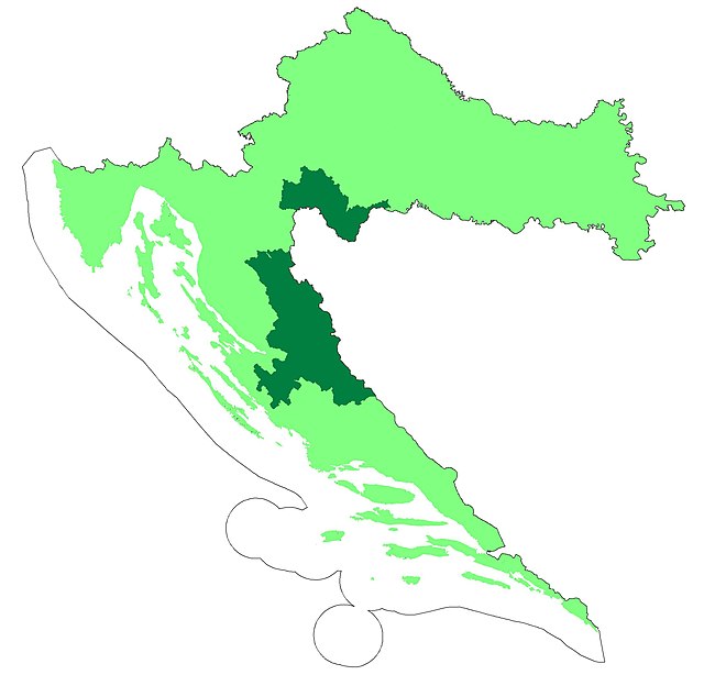 Two proposed autonomous districts of Croatia are shown in dark green.