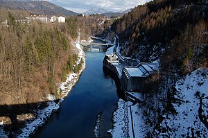 View from the top of the dam to the lower section of the river with the power house (right)