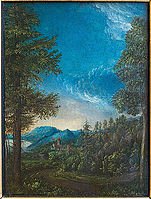 Albrecht Altdorfer.Danube landscape near Regensburg (ca. 1522–25, Alte Pinakothek)