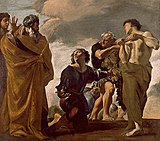 Moisés y los mensaxeros provenientes de Canaán. Oleu de Giovanni Lafranco, 1621-24