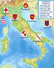 The maritime republics of medieval Italy reestablished contacts between Europe, Asia and Africa with extensive trade networks and colonies across the Mediterranean, and had an essential role in the Crusades. Le Repubbliche Marinare.jpg