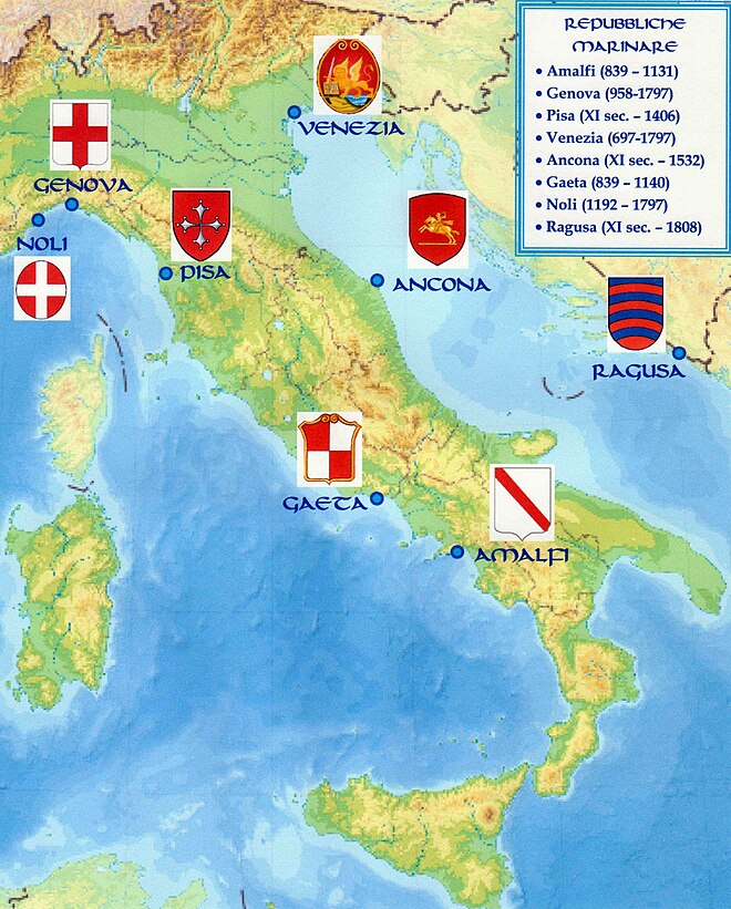 The maritime republics  of medieval Italy: Venice, Genoa, Amalfi, Pisa, Noli, Ancona, Ragusa, Gaeta