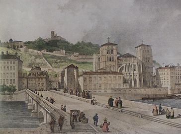 Peinture montrant le chevet de la primatiale et la pont Bonaparte. La basilique de Fourvière n'existe pas encore.