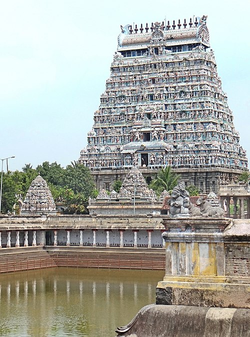 A view of north-side gopuram and pond of the temple