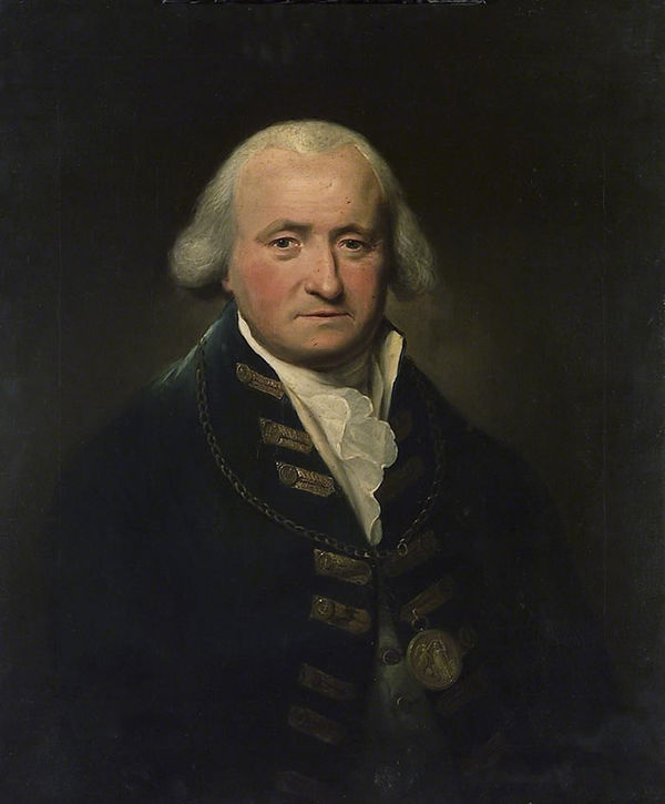 Sir Thomas Pasley, depicted as a rear-admiral in a 1795 portrait by Lemuel Francis Abbott. Bellerophon's first commander, he is shown wearing the Nava