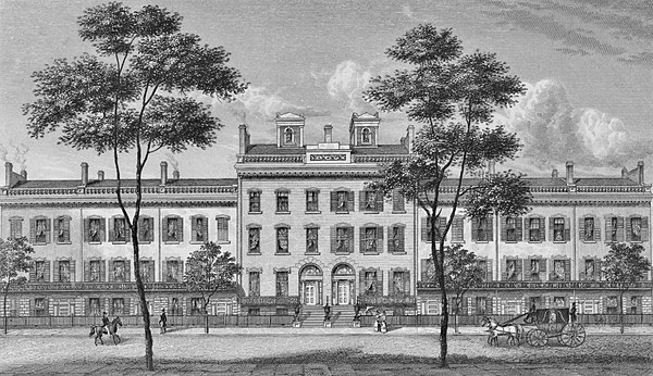 LeRoy Place, south side of Bleecker Street, drawn in 1831. After 1852, the economic status of the area declined and these aristocratic buildings were 