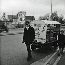 A 4-wheeled pedestrian controlled vehicle, registration number RVW 723, operated by A J Brackin & Sons, at Victoria House Corner, Hadleigh, Essex, around 1969 Lewis Electruk RVW 732.jpg