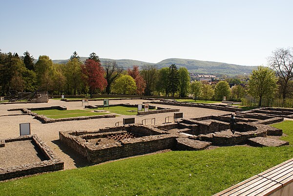 The Roman fort's excavated foundation walls