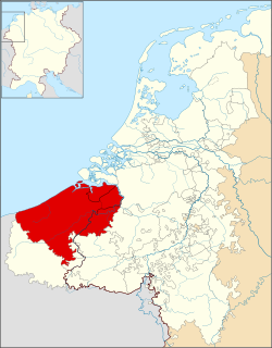 County of Flanders, 1350, in relation to the Low Countries and the Holy Roman Empire. The county was located where the border between France and the Holy Roman Empire met the North Sea.
