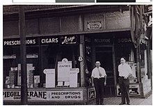 Spiegel Krane Drugs store at 4th Avenue and East 38th Street, July 13, 1932 Louis Spiegel and Harry Krane, proprietors of Spiegel Krane Drugs (4419476592).jpg