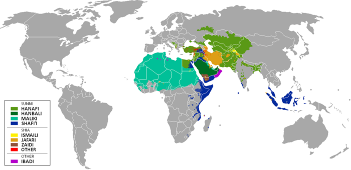 Geographical distribution of the schools of Islamic jurisprudence in the Muslim world[40]