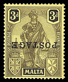 The 3d with the "POSTAGE" overprint inverted Malta 1926 Melita Postage 3d black on yellow overprint inverted.jpg