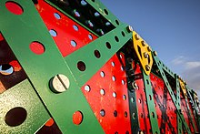 Footbridge made of 10:1 scale Meccano Manchester Bolton & Bury Canal Meccano Bridge during construction.jpg