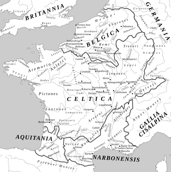 Gaul c.58 BC, on the eve of the Gallic Wars. The Romans divided Gaul into five parts: Gallia Celtica (largely corresponding to the later province Gallia Lugdunensis), Gallia Belgica, Gallia Cisalpina, Gallia Narbonensis, and Gallia Aquitania.