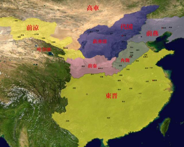 Tidigare Liangs territorium är märkt med gul (uppe till vänster)
