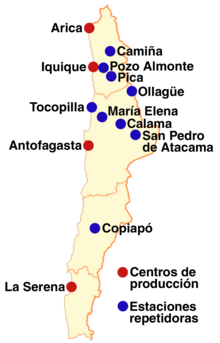 Telenorte's production centers (red) and translator stations (blue) prior to the mid-1990s. Mapa Telenorte.png