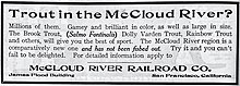 Early advertisement baiting tourists in 1907 McCloud River Railroad Ad 1907.jpg