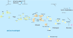 Carte en couleur. Les quatre États de Micronésie (Yap, Chuuk, Pohnpei et Kosrae) sont des îles entourées de couleur.