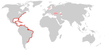 Distribution mondiale de Mnemiopsis leidyi. Il est originaire de la côte Est des Amériques mais aurait colonisé la Mer Noire et la Caspienne par le  déversement de l'eau de ballast de navires pétroliers.