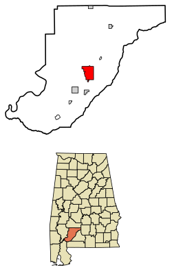 Location of Monroeville in Monroe County, Alabama.