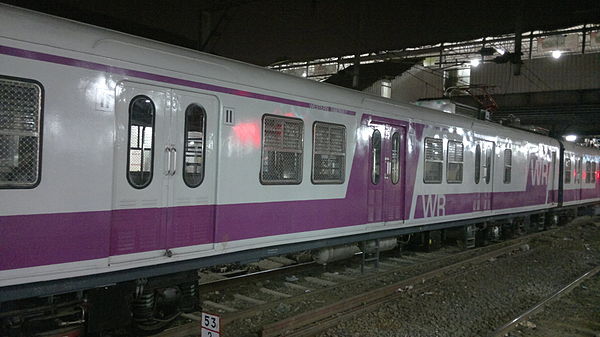 A Bombardier EMU, introduced on 18 March 2015. These rakes are more common on the Western line. Each coach has a standard capacity of 400 passengers.