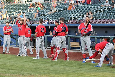 Players with the Nashville Sounds, the Triple-A affiliate of the Texas Rangers, August 2019 Nashville Sounds in Omaha Aug 29, 2019.jpg