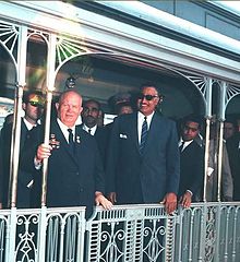 Khrushchev and Egyptian President Gamal Abdel Nasser aboard a train returning to Cairo from Alexandria, during a visit by Khrushchev to Egypt, 1964. Nasser and Khrushchev, 1964.jpg