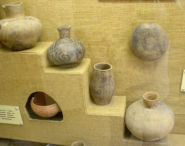 Pottery showing engraved Plaquemine designs from the Grand Village of the Natchez Site.