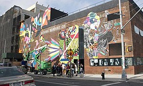 The exterior of the National Sawdust building, featuring a mural by artist Assume Vivid Astro Focus. National Sawdust exterior.jpg