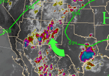 Typical precipitation pattern of the North American monsoon (green arrow) New Mexican Monsoon.png