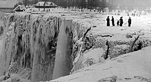 American Falls frozen over with people on the ice, 1911