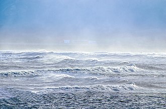 Sea spray containing marine microorganisms can be swept high into the atmosphere where they become aeroplankton. These airborne microorganisms may travel the globe before falling back to earth. Ocean mist and spray 2.jpg