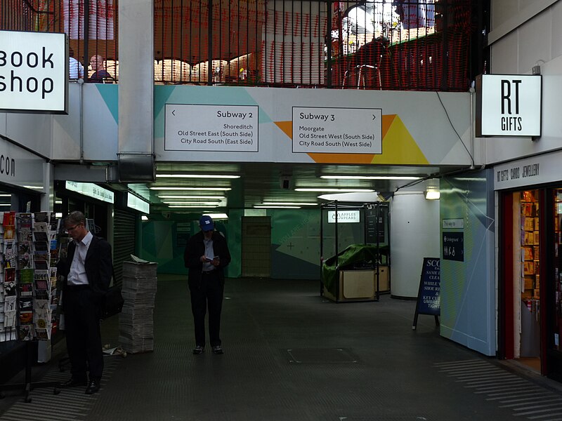 File:Old Street roundabout - view southeast to subways 2 and 3 from St Agnes Well shopping centre 02.jpg