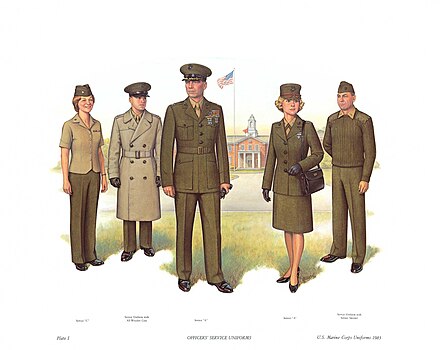Officer Service Uniform. From left to right:"C", Service with all-weather coat, "A", "A", Service with sweater