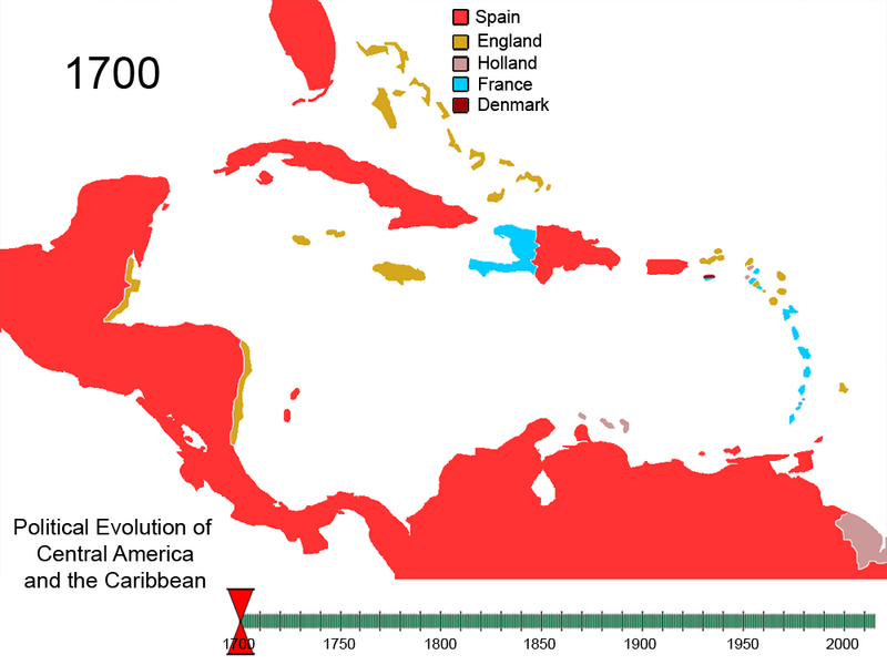A map of the Caribbean, with English possessions shown in gold.