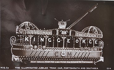 A postcard showing an illuminated tramcar of the Portsmouth Corporation Tramways celebrating the Silver Jubilee of King George V.