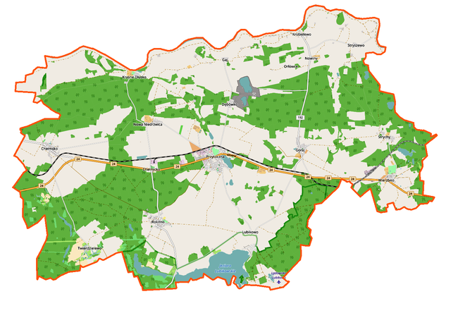 Mapa konturowa gminy Przytoczna, na dole nieco na lewo znajduje się punkt z opisem „Bazylika i sanktuarium Matki Bożej Rokitniańskiej”