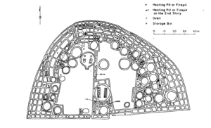 Archeologická mapa Pueblo Bonito označující umístění hlavních nálezů