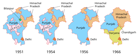 PEPSU state in East Punjab region which included present day Haryana. Punjab 1951-66.svg