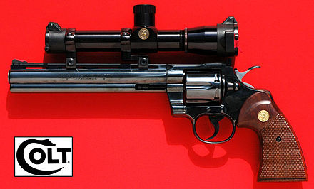 Colt Python Silhouette, with 8-inch barrel, factory telescopic sight, and case – 500 made in 1981 by the Colt Custom Gun Shop.