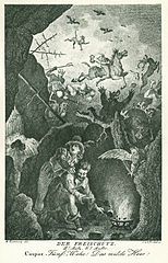 When Caspar und Max begin with casting the magic bullets in the Wolf’s Glen the Wild Hunt appears in the air with demoniacal noise.