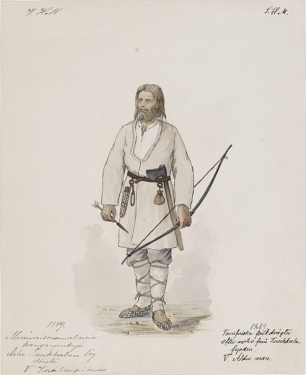 Man's costume during the Iron Age according to the archeological finds from Tuukkala. Interpretation from 1889.