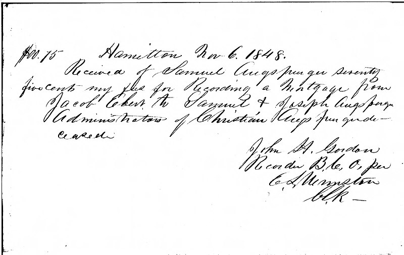 File:Receipt from John H. Gordon, Recorder B. C. O., per E. L. Winston, Clerk, for recording a mortgage from Jacob Ebert to the Estate of Christian Augspurger, 1848 November 06 - DPLA - 454affa40d4b9fb689bb1c2c4c0e6e8e.jpg