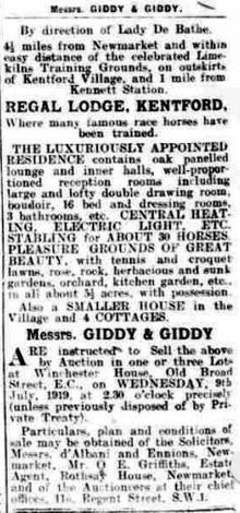 Sale of Regal Lodge in 1919