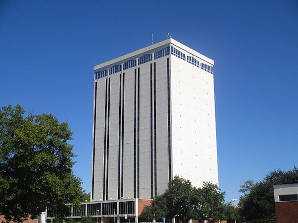 The 16-story Wyly Tower of Learning, named for the benefactors Sam Wyly and Charles Wyly, is the most prominent building on the Louisiana Tech campus 