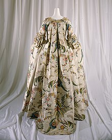 Robe a la francaise, silk, pigment, linen. British, c. 1740s. Costume Institute: Metropolitan Museum of Art 1995.235a, b. Robe a la Francaise MET DT3881.jpg