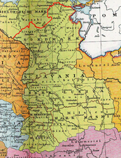 Die Sächsische Ostmark um 965 (grüne Fläche begrenzt im Norden durch eine rote Linie)